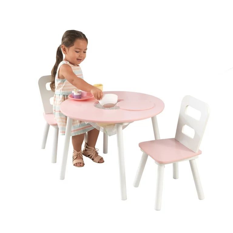 KidKraft Wooden Kids Round Storage Table & 2 Chair Set, Pink & White | Walmart (US)