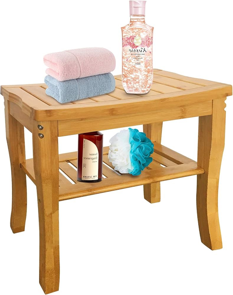 VaeFae Bamboo Shower Bench Bathroom Stool, Spa Bath Shower Stool with Storage Shelf, Wood Bench f... | Amazon (US)