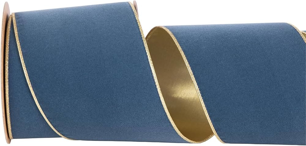 Denim Blue Velvet Wired Ribbon 4 Inch Wide*10Y Blue and Gold Double Sided Velvet Wired Ribbon for... | Amazon (US)