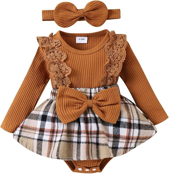 Baby Girl Clothes Fall Winter Outfit Plaid Romper Long Sleeve Dress Lace Ruffles Bodysuit with Bo... | Amazon (US)