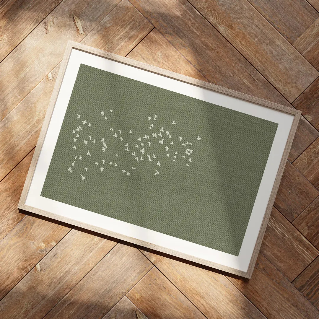 Flock of Birds Wall Art – Horizontal Green Linen Look Poster, Calm Nature-inspired Minimalist P... | Etsy (US)