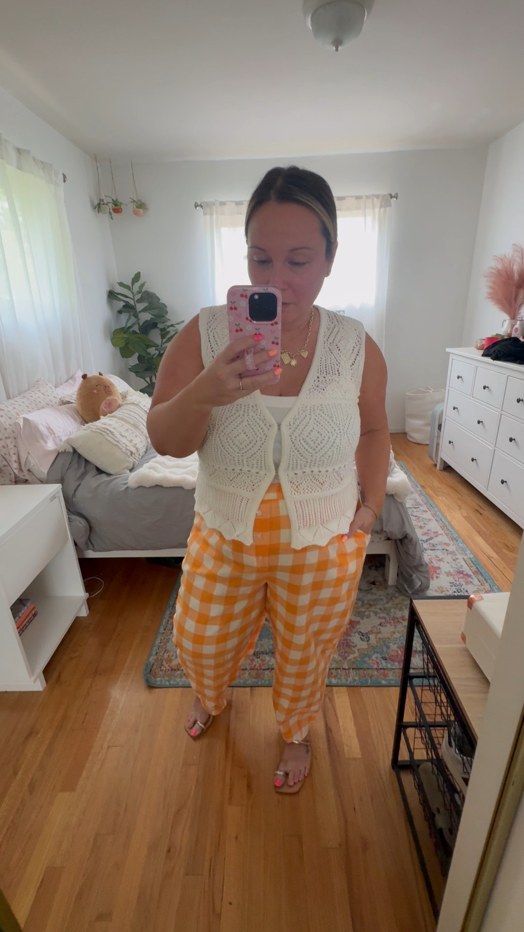 Anthropologie pants size MEDIUM 
Also has a matching top I’ll link, but I didn’t grab it. I think it’s a lounge set? But I love the orange creamsicle vibes the orange gingham is giving! So cute and comfy for summer! 
Crochet knit top is size LARGE tank under is size XL
Sandals are old from Revolve and charm necklace is from Lucky Goldie which is also can’t link. You can use code ShelliEnright10 for a discount on your own charm necklace! 



#LTKOver40 #LTKMidsize #LTKPetite