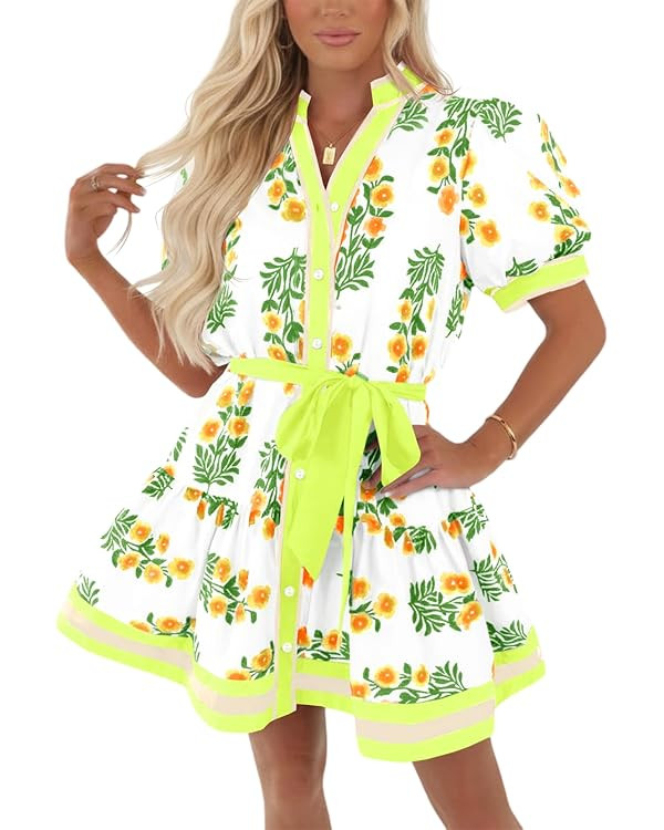 Wenrine Womens Summer Floral Mini Dress Puff Short Sleeve V Neck Button Down Casual Loose Boho Be... | Amazon (US)
