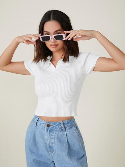 SHEIN V-neck Collared Knit Top | SHEIN
