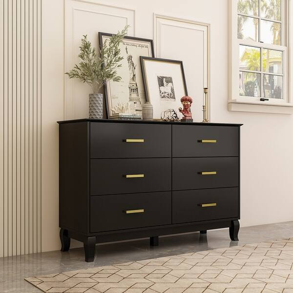 6 Drawer 47.2'' W Double Dresser Black/White Lacquer Chest Storage - Black | Bed Bath & Beyond