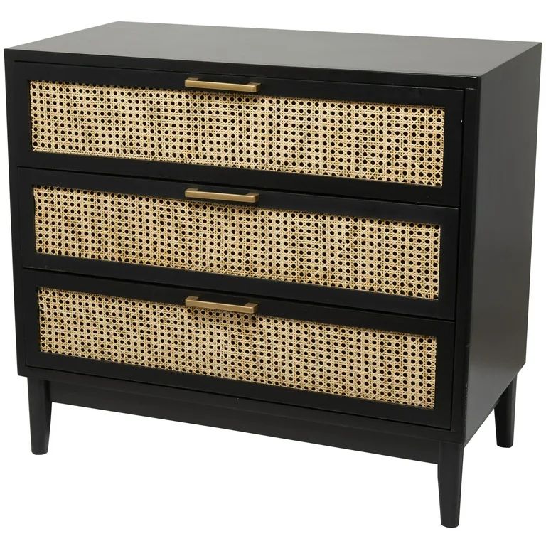 DecMode 36" x 32" Black Wood 3 Drawer Cabinet with Cane Front Drawers and Gold Handles, 1-Piece | Walmart (US)