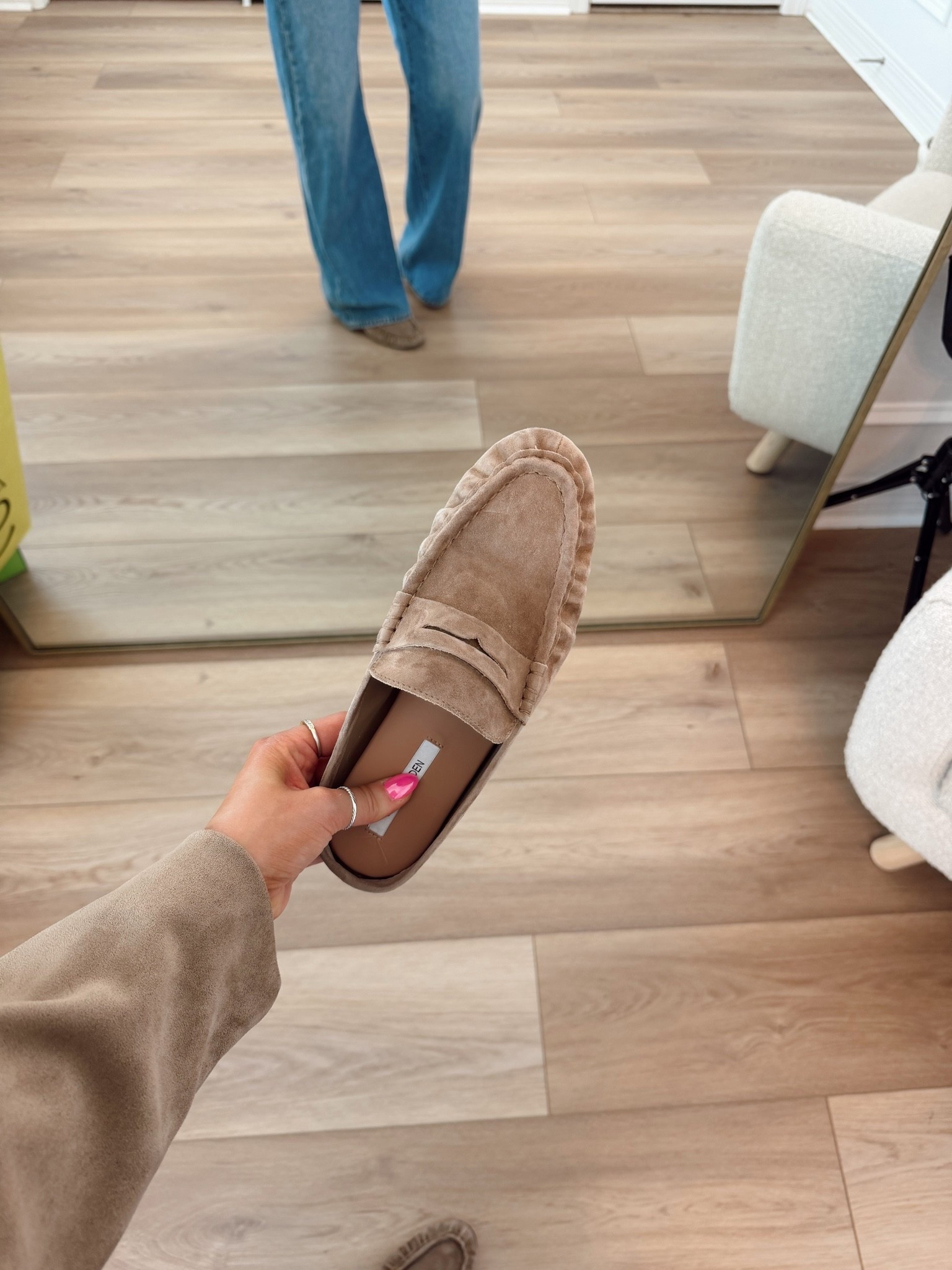 These suede taupe loafer mules are the perfect shoes for fall! They’re so comfy & go with evening! I got my true size 7