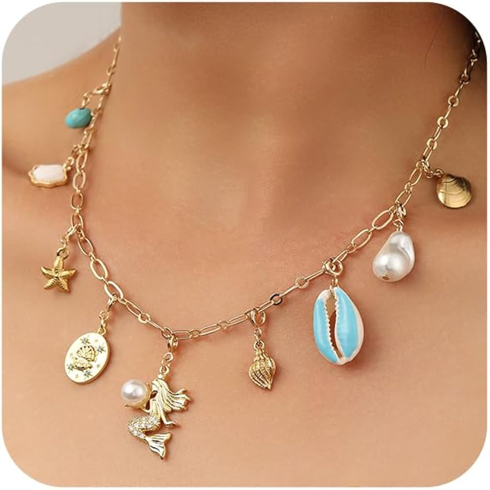 Summer Beach Charm Necklace for Women | Seashell Starfish Conch Pendant Necklace | Coconut Tree F... | Amazon (US)
