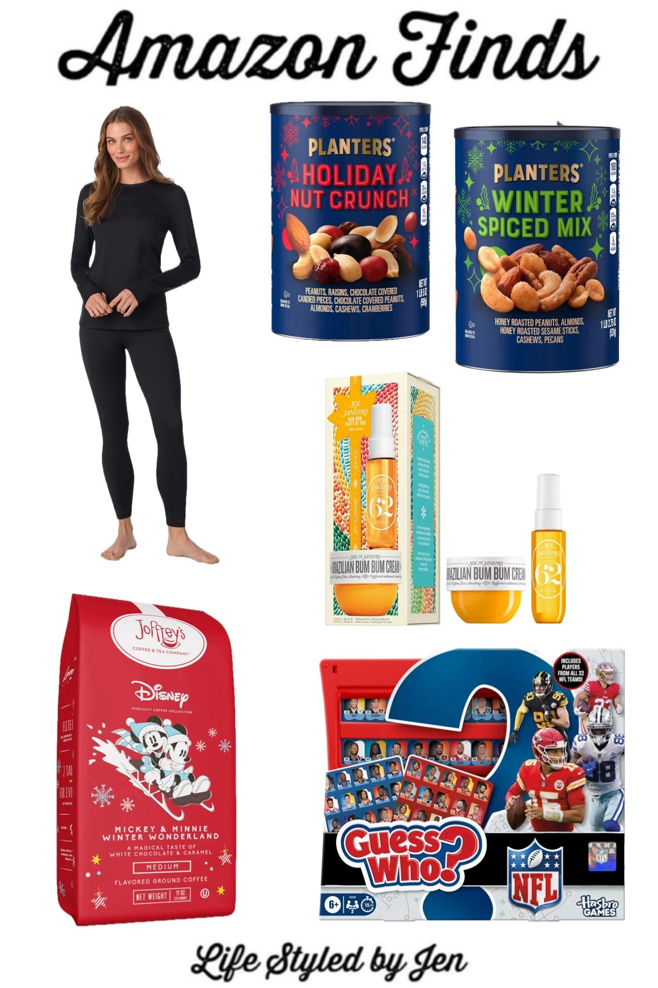 Time for this week’s Amazon Finds - five items from Amazon that are definitely worth checking out! 🎉

✔️ Cuddl Dud’s Fleece Lined Lounge Set - Cuddl Duds has been a beloved brand for years since they make excellent layering & lounge clothing. This is one of their newest sets, and it’s wonderful! Both pieces are fleece lined and so warm and snuggly. Tons of beautiful colors available.

✔️ Joffrey's Coffee & Tea Company Disney Mickey Minnie Winter Wonderland - this would make such a fun gift for any Disney fan who enjoys coffee! I personally love a delicious flavored coffee, and this super whimsical collab is white chocolate & caramel flavored. Really unique find that’s only available on Amazon! ❤️🖤

✔️ Planters Holiday Mixes - Planters recently launched their special edition holiday mixes. Every one of the options are so tasty, and a great addition to any holiday spread or are nice to just have on hand for everyday snacking. Definitely recommend! 🥜 

✔️ SOL de Janeiro Party of Two Gifting Set - around just for the holidays, this  popular SOL de Janeiro set is easy to gift to those of all ages! Three options to choose from that include a travel size fragrance spray and body butter. On sale for only $21.25 right now when you enter code Q0N5VILABDDQ at checkout. 

✔️ Guess Who? NFL Edition - JUST launched and has been absolutely flying!! This is such a fun game, and this brand new version is  perfect for any football fan! Comes with tons of football players from all NFL teams. 🏈 Named as a top gifting item for 2025!

#amazon #amazonfinds 

#LTKGiftGuide #LTKSaleAlert #LTKFindsUnder50