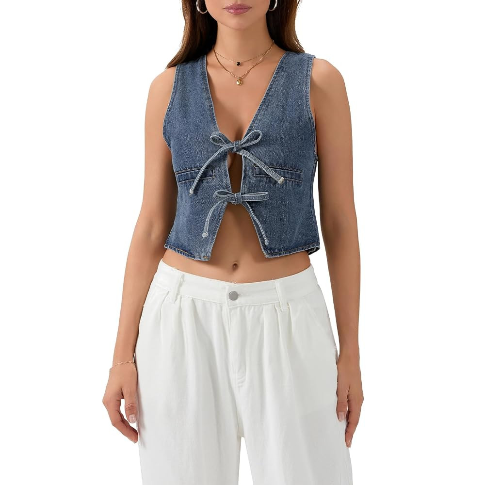 Women's Lace Up Tie Front Sleeveless Denim Deep V Neck Sleeveless Low Cut Vest Slim Fit Going Out... | Amazon (US)