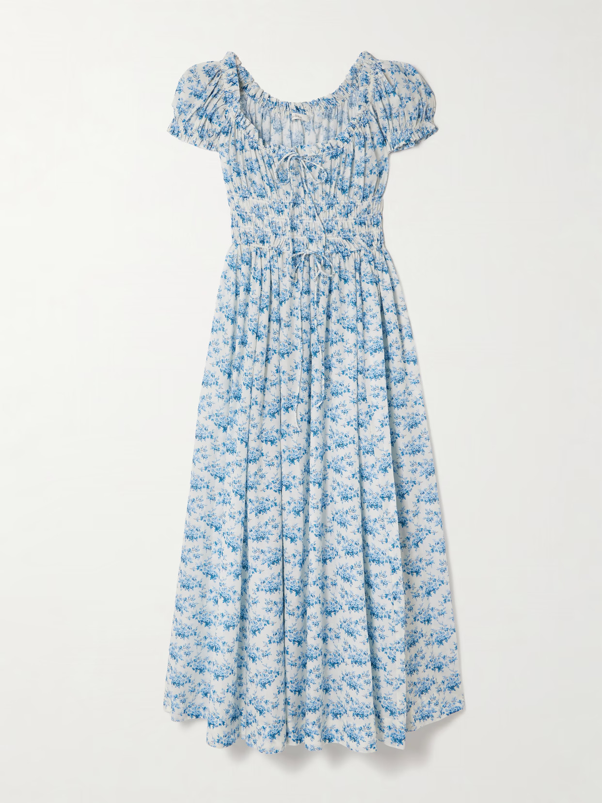 DÔEN - Ashlynn Tie-detailed Shirred Floral-print Organic Cotton-voile Midi Dress - Blue | NET-A-PORTER (US)