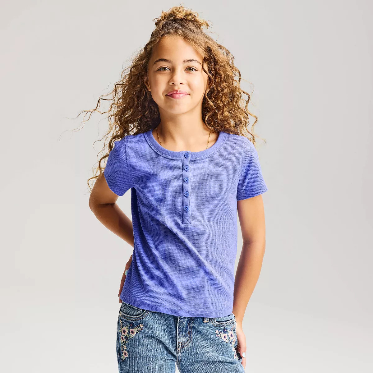 Girls' Short Sleeve Waffle Knit Henley T-Shirt - Cat & Jack\u2122 Violet XS | Target