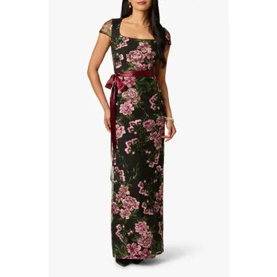 Adrianna Papell Embroidered Floral Column Gown with Ribbon Tie Belt in Black Multi at Nordstrom, Size 8 | Nordstrom