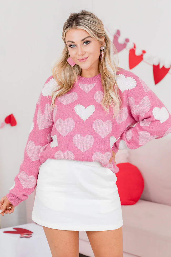 That Loving Feeling Pink Heart Pearl Detail Sweater | Pink Lily