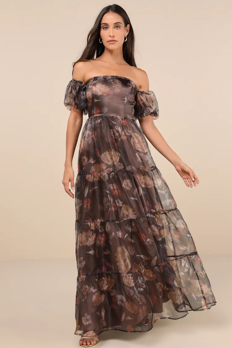 Exquisite Finesse Brown Floral Organza Maxi Dress With Pockets | Lulus