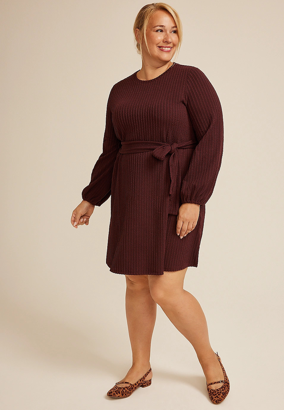 Plus Size Jacquard Bubble Sleeve Belted Mini Dress | Maurices