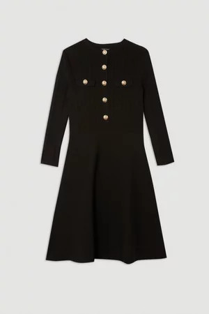 Viscose Blend Rib Knit Military Trim Skater Dress | Karen Millen UK + IE + DE + NL