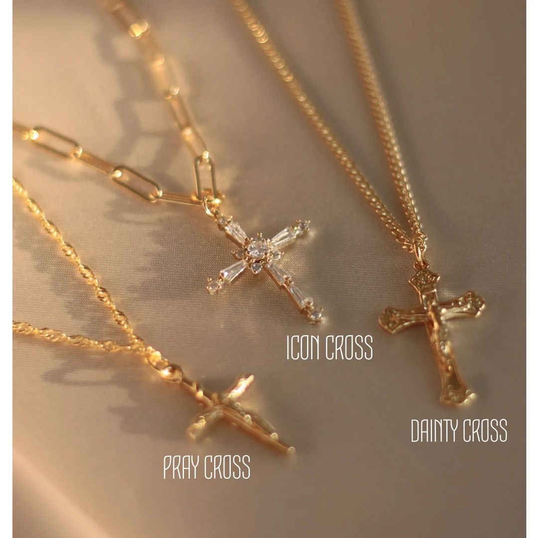 18K Gold Cross Necklace Dainty Cross Necklace Crystal Cross - Etsy | Etsy (US)