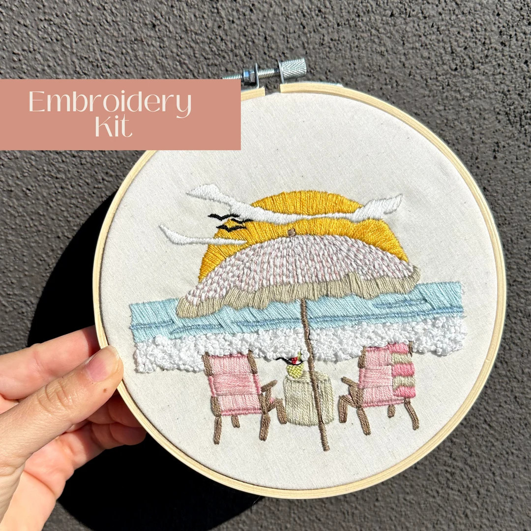 DIY Intermediate Embroidery Kit, Summer Breeze Beach Craft Embroidery Kit, Modern Embroidery Wall... | Etsy (US)