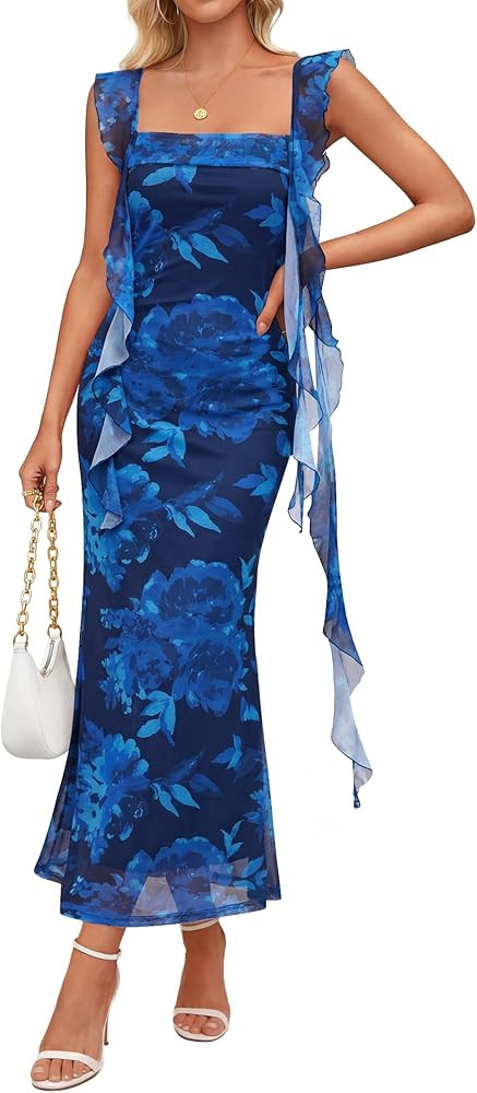 ZESICA Women's Summer Floral Maxi Dress 2026 Boho Sleeveless Square Neck Bodycon Mesh Wedding Guest Vacation Dresses | Amazon (US)