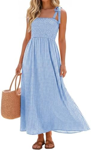 Womens Maxi Plaid Gingham Spaghetti Strap Flowy Sundress Summer Boho Casual Smocked Beach Vacatio... | Amazon (US)