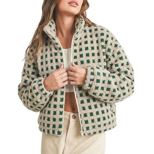Women's Sherpa Fleece Jacket, Checkered Pattern, Beige and Green, Zip Front, Stand Collar (US, Alpha, X-Small, Regular, Regular, Forest Green and Beige Check) | Amazon (US)