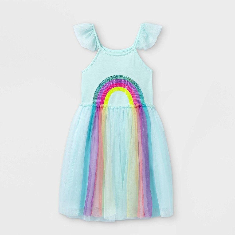 Girls' Rainbow Short Sleeve Tulle Dress - Cat & Jack Aqua XL, Blue | Target