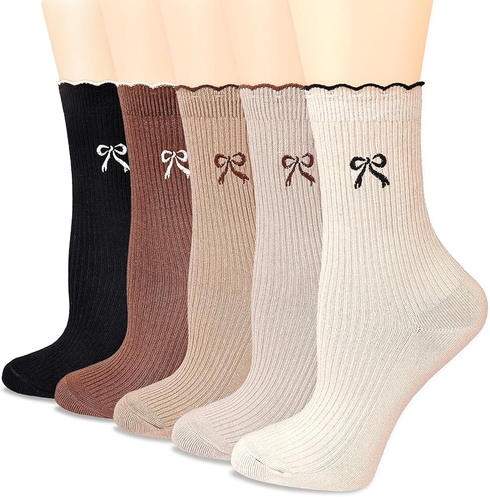 Womens Crew Socks Ankle Ruffle Socks Fashion Cotton Dress Sock Cute Embroidery Casual Socks 5Pack | Amazon (US)