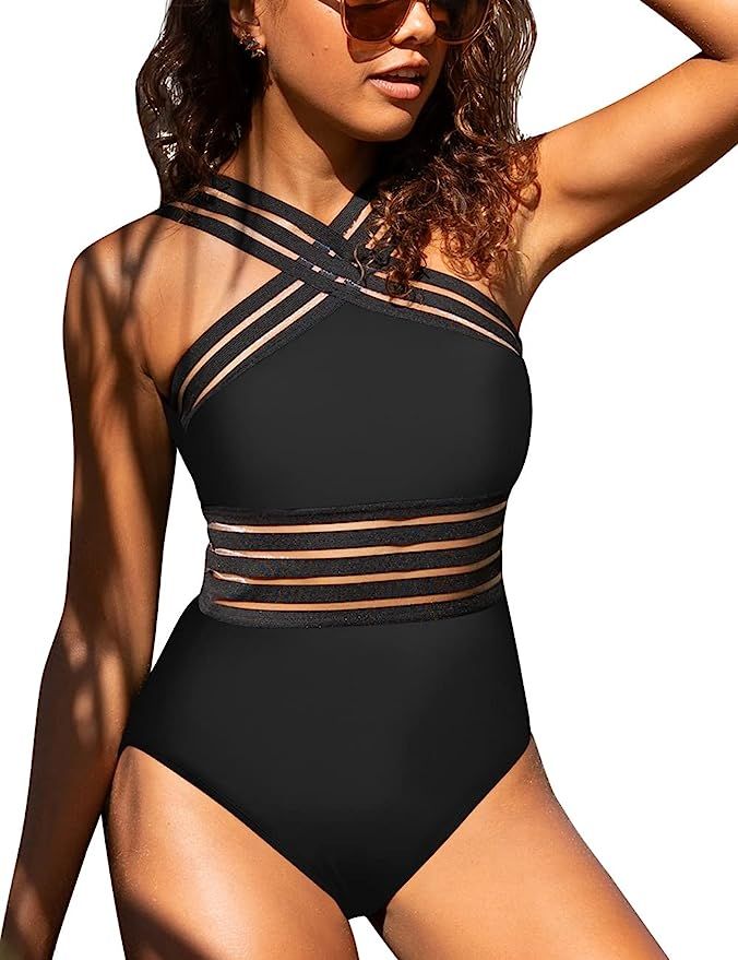 Hilor Women's One Piece Swimwear Front Crossover Swimsuits Hollow Bathing Suits Monokinis | Amazon (US)