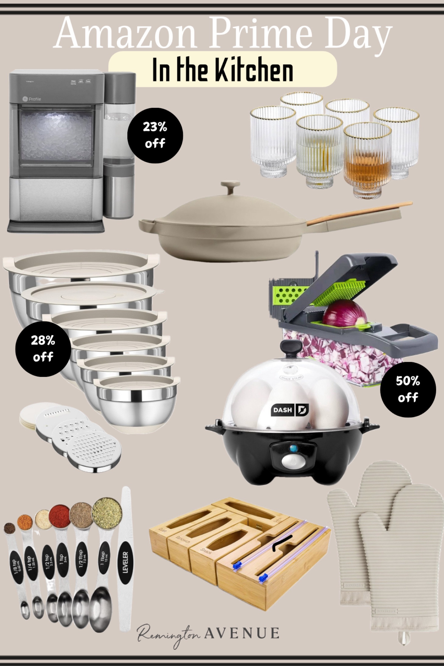 RemingtonAvenue Kitchen essentials on #primeday sale! My most used stackable mixing bowl set with grater inserts and lids, 6 egg hard boiler, Chris favorite vegetable chopper with multi size inserts, bamboo storage bag organizer, and easy to wash and wipe silicone oven mitts. The magnetic measuring spoons that I cannot live without, and of course my beloved countertop pebble ice maker. Cute meridian tumbler set of 6 and the large toxin free ceramic frying pan that is the perfect size. 

#LTKxPrimeDay #LTKSaleAlert #LTKHome