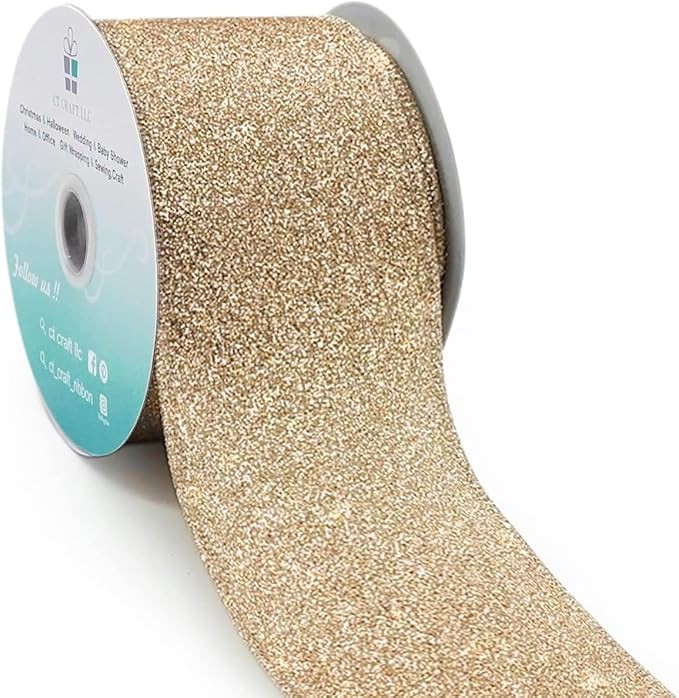 CT CRAFT LLC Glitter Wired Ribbon 2.5" x 10 Yards Gold (Champagne Gold) for Christmas Home Decor ... | Amazon (US)