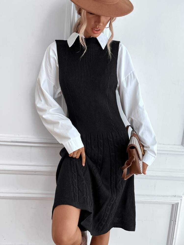 Mock Neck Cable Knit Sweater Dress Without Blouse & Belt | SHEIN