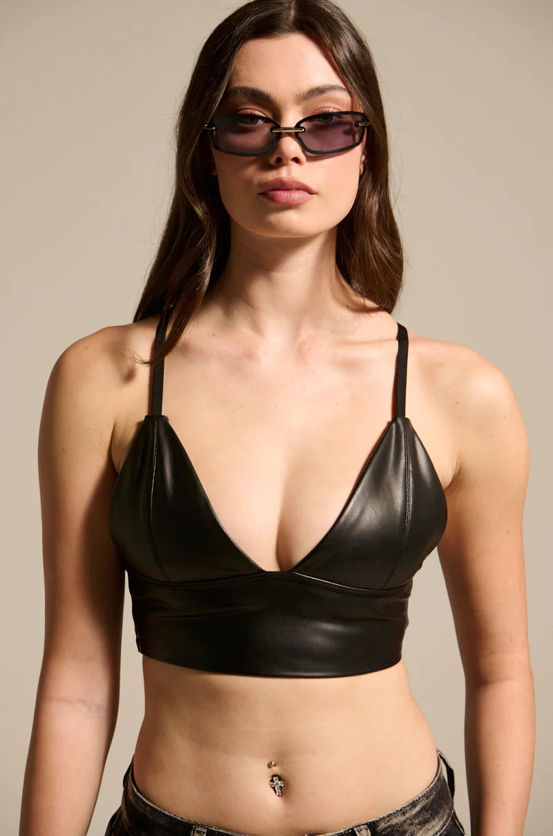 AKIRA Paxton Sexy Faux Leather Triangle Longline Bralette | Black | Size Medium | AKIRA