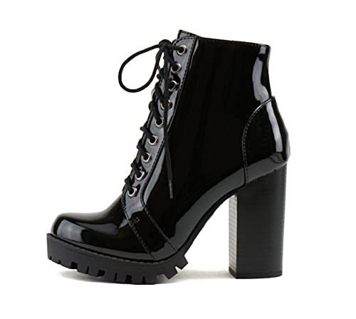 Soda Chalet – Fashion Lace up Military Inspired Ankle Boot with Stacked Heel and Side Zipper (9.5, BLACK PATENT, numeric_9_point_5) | Amazon (US)