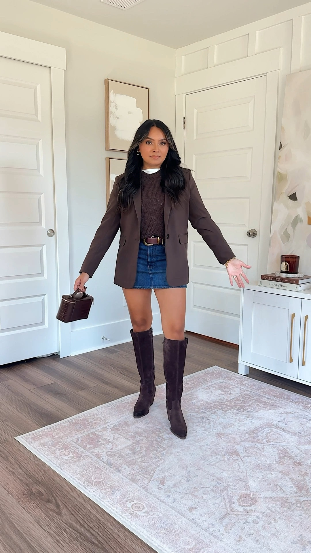 STACKABLE CODE: code AFLTK for 25% off on top of their current sale!
Brown dark coffee blazer size xxs regular TTS
White tank size xs TTS
Brown dark coffee sweater size xxs TTS
Brown and gold belt size xs TTS - I use the last hole on this belt so size up if you want more room!
Mid rise denim mini skirt in dark color size 26 TTS
Tall brown boots in cafe noir size 5.5 TTS


#LTKSaleAlert #LTKPetite #LTKFallSale