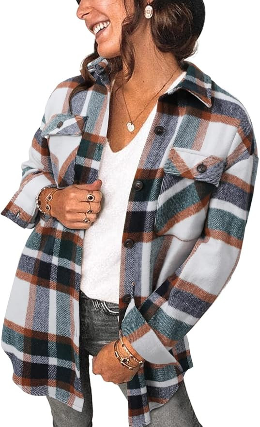 Women's Brushed Plaid Shirts Long Sleeve Flannel Lapel Button Down Cardigan Boyfriend Shacket Jac... | Amazon (US)