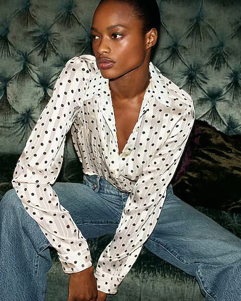 Metallic Satin Striped Polka Dot Portofino Shirt | Express