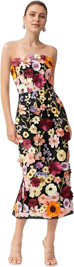 3D Floral Embroidery Prom Dresses for Women Long Strapless Flower Appliques Tulle Formal Evening ... | Amazon (US)