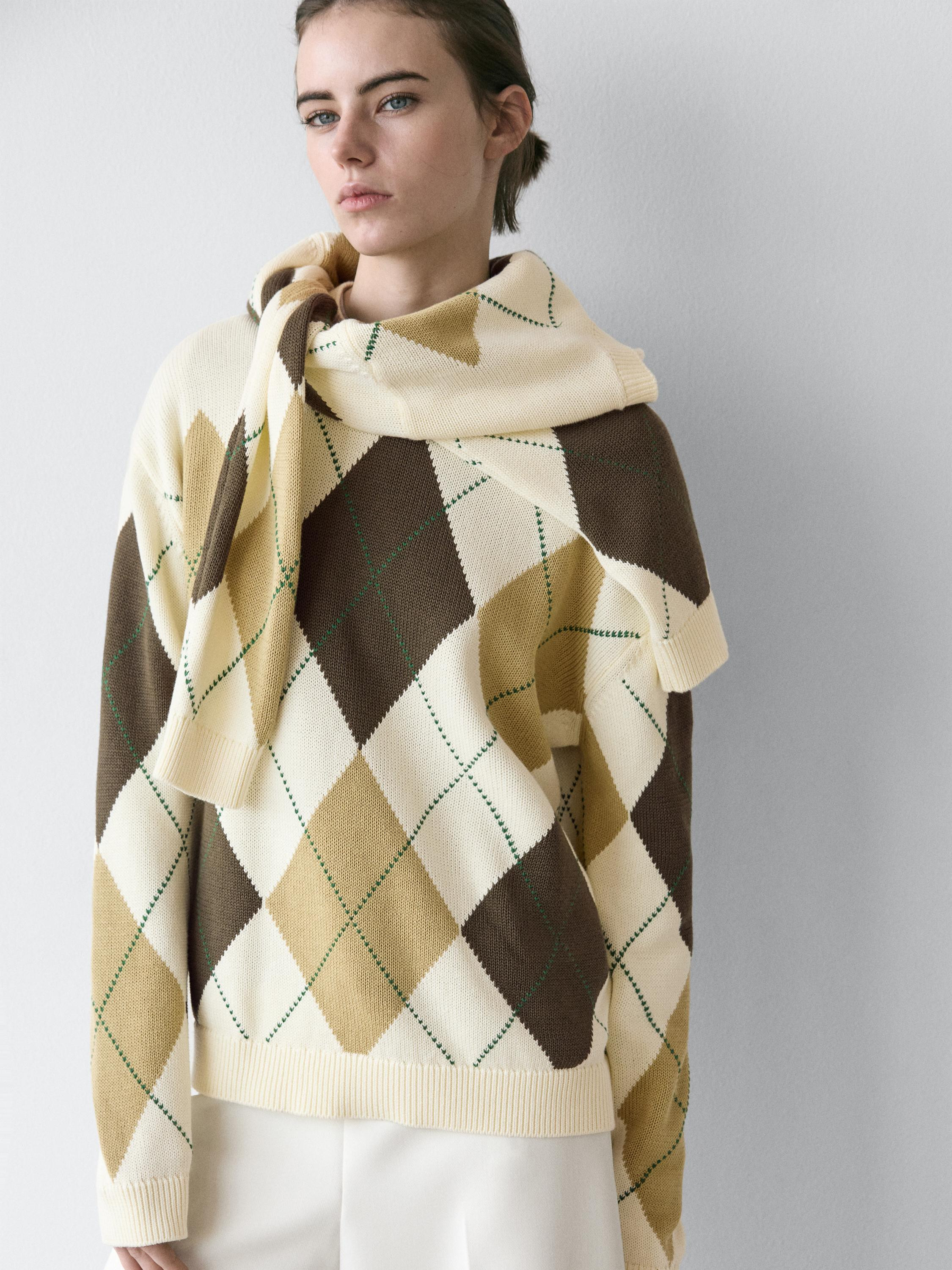 Cotton knit sweater with argyle detail | Massimo Dutti UK