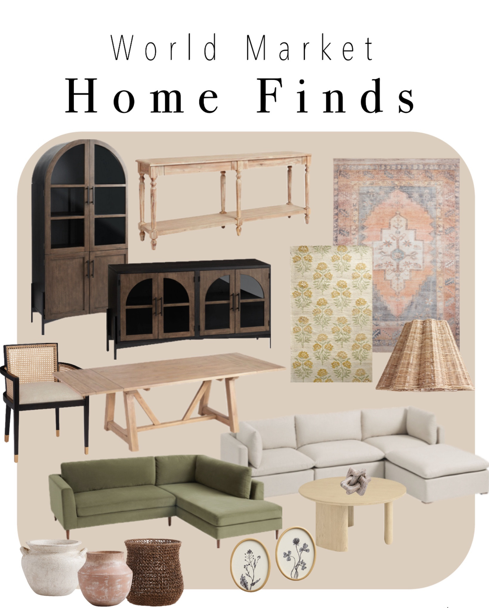 World market home finds. Furniture. Sectional. Green sectional. Arch cabinet. Arch window console table. Black cane dining chair. Large farmhouse table. Floral accent rug. Scalloped wicker pendant light. Everette console table. Round coffee table. Large organic planters. Marble knot decor. 

#LTKfindsunder50 #LTKhome #LTKfindsunder100