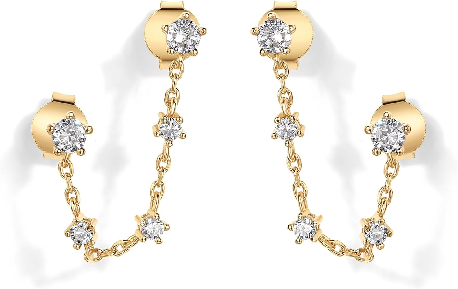 PAVOI 14K Gold Plated Delicate CZ Chain Earrings for Women - Double Piercing Dangle Chain Studs -... | Amazon (US)