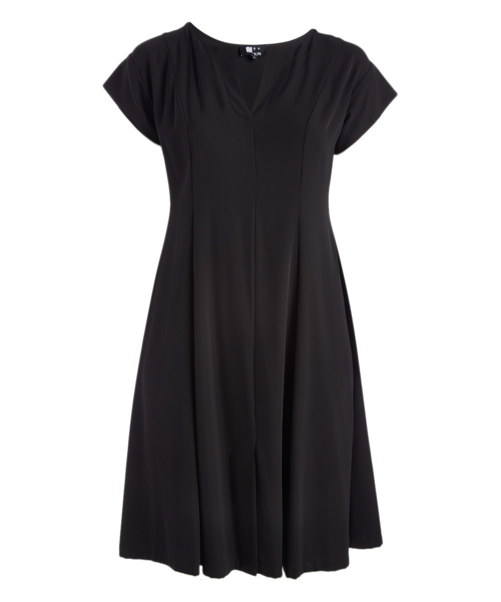 N++ Women's Career Dresses BLACK - Black Pleated Notch-Neck Midi Dress | Zulily