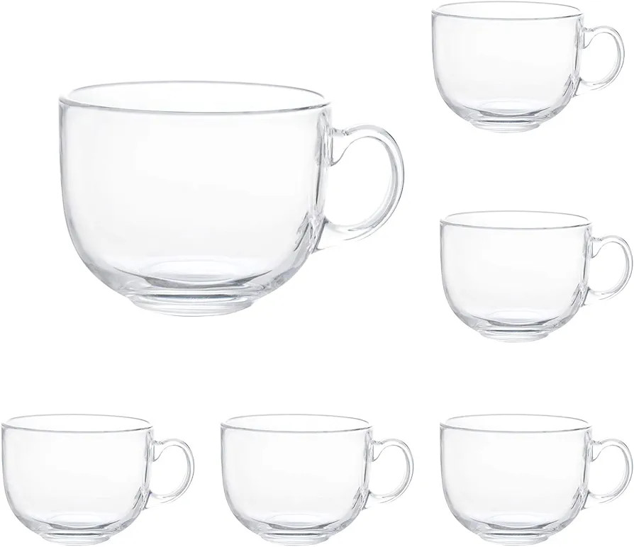 16oz Glass Jumbo Mugs With Handle For Coffee, Tea, Soup,Clear Drinking Cup,Set of 6 | Amazon (US)