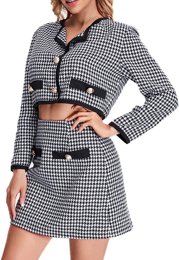 WDIRARA Women's 2 Piece Outfits Houndstooth Button Front Long Sleeve Jacket Coat and Mini Skirt S... | Amazon (US)