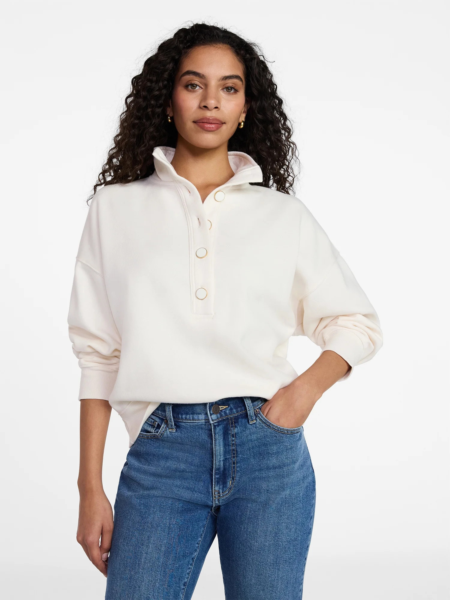 Time and Tru Women's Quarter Button Fleece Top with Long Sleeves, Size XS-XXXL | Walmart (US)