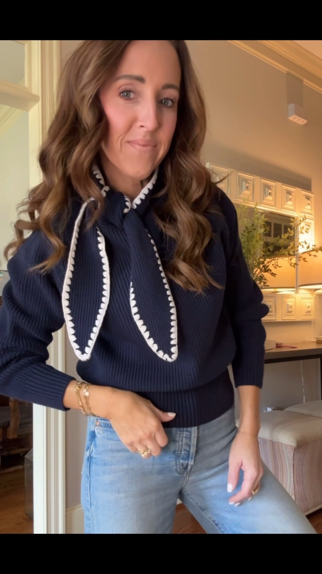 Contrast stitch tie neck sweater. Currently 50% off. Tie neck sweater. 
Size S

#LTKSeasonal #LTKOver40 #LTKSaleAlert