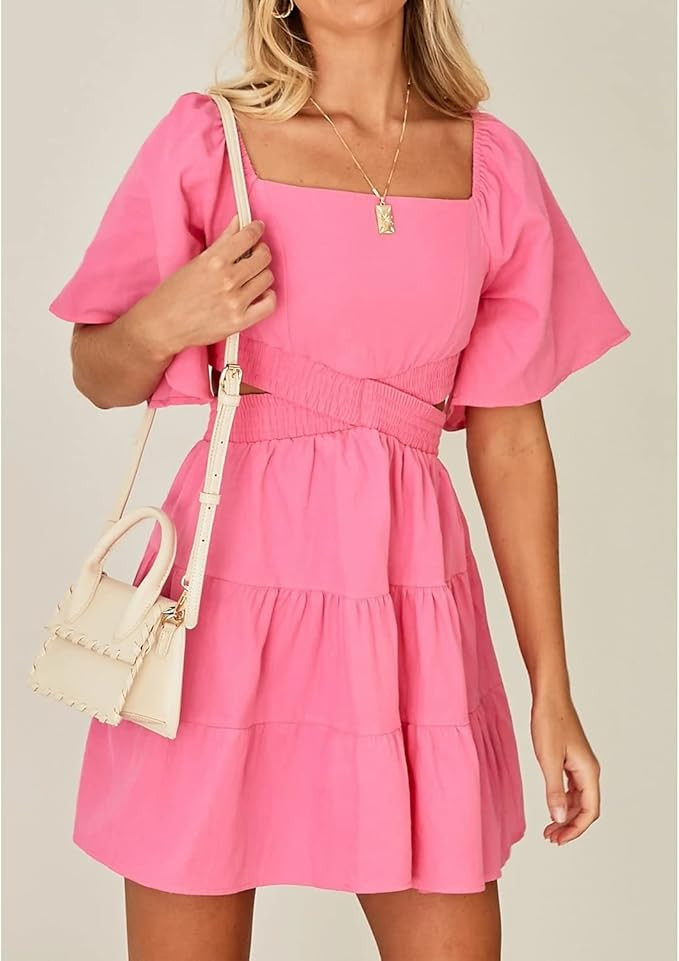 Shy Velvet Women's Summer Dress Square Neck Short Sleeves Crossover Waist Casual Party Mini Dress | Amazon (US)