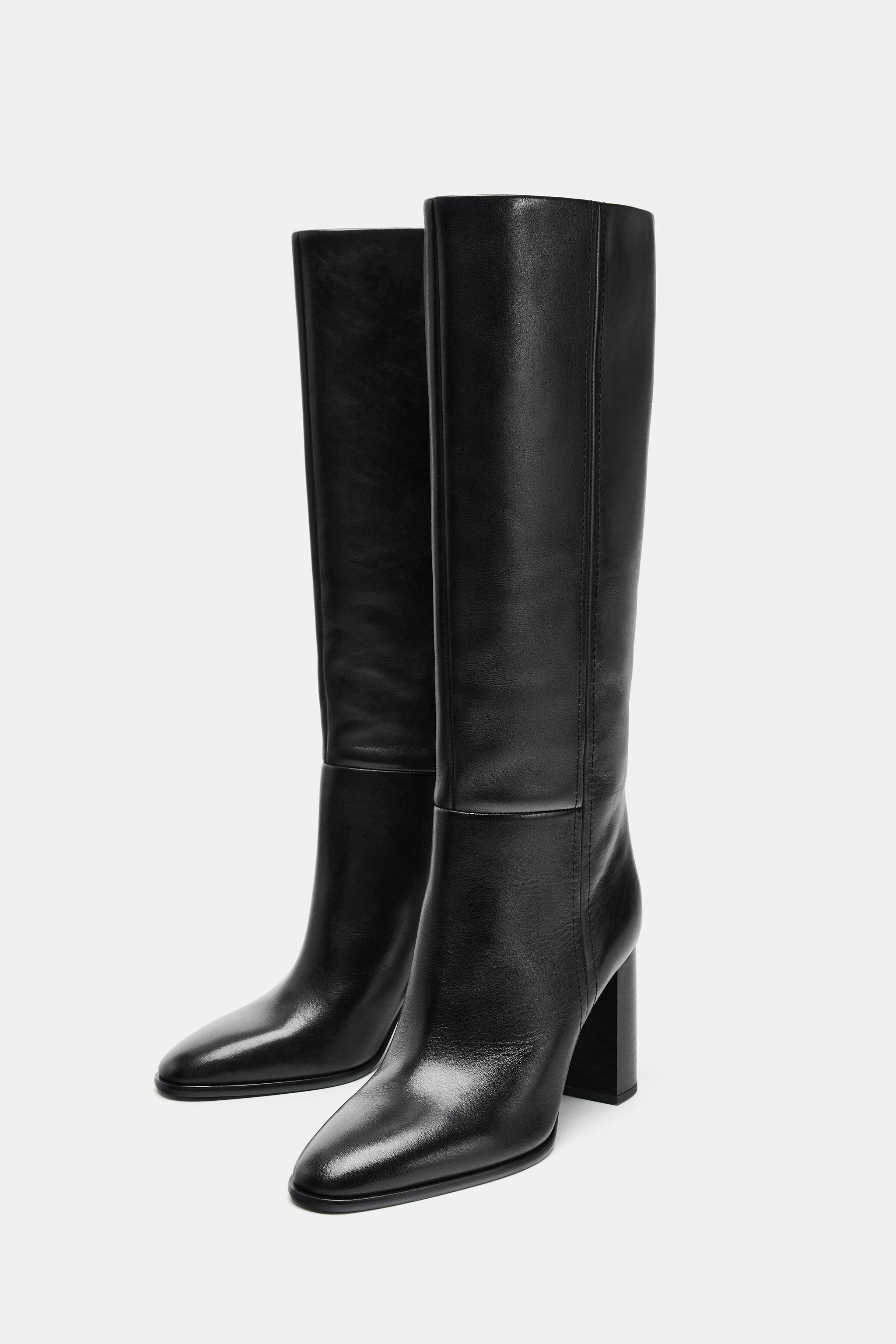 LEATHER HIGH-HEEL KNEE-HIGH BOOTS | Zara US