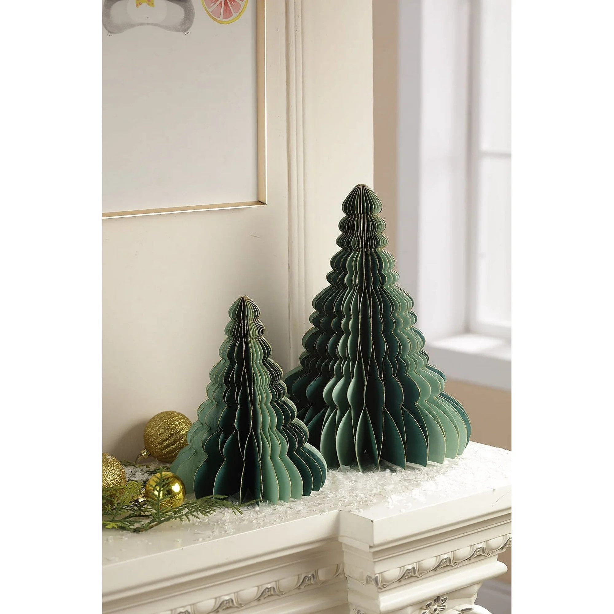 Paper Christmas Tree Tabletop Decorations, Green and Gold, 2 Count, by Holiday Time | Walmart (US)