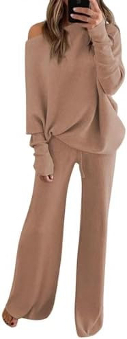 Fixmatti Womens Knitted Outfits 2 Pieces Sweatsuit Off the Shoulder Sweater Wide Leg Pant Set | Amazon (US)